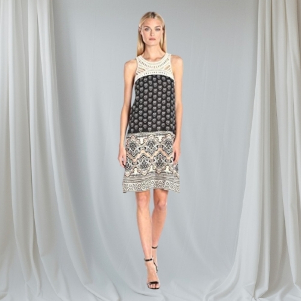 MSK Women Brown Black Crochet mixed print Boho Dress Small